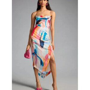 Anthropologie Square Cowl Neck Slip Dress Asymmetric Ruched Side Slit Watercolor